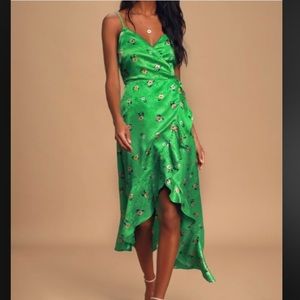 Lulus Chic Style Green Floral Jacquard Satin High-Low Midi Wrap Dress Medium